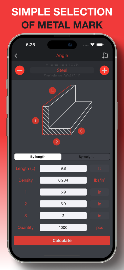 Rolled metal weight calculator - Mobile app interface showing weight calculation parameters for a steel angle profile including length and density