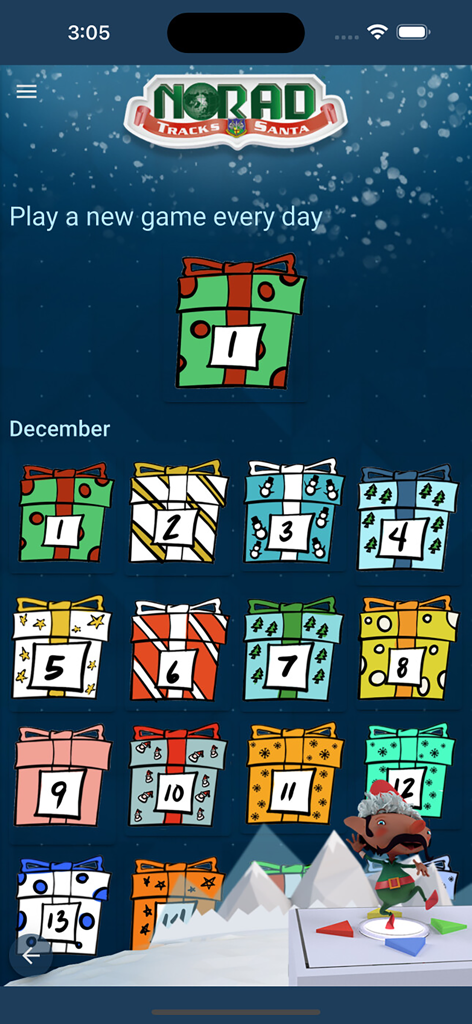 NORAD Tracks Santa Claus - NORAD Tracks Santa app interface showing a December advent calendar with daily games represented by gift boxes