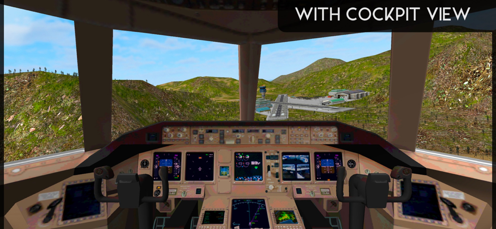 Avion Flight Simulator ™ - Cockpit view of an airplane in Avion Flight Simulator looking at a runway and hills