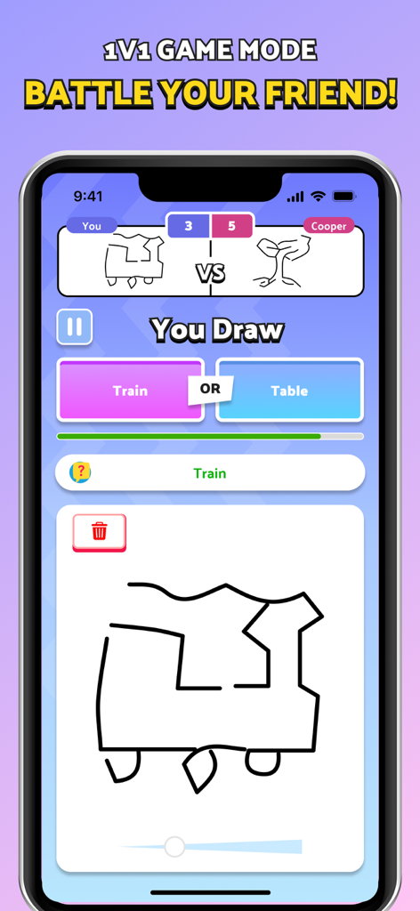 Quick Draw: AI Guess Drawing - Quick Draw app screen showing a 1v1 competitive drawing battle between two players