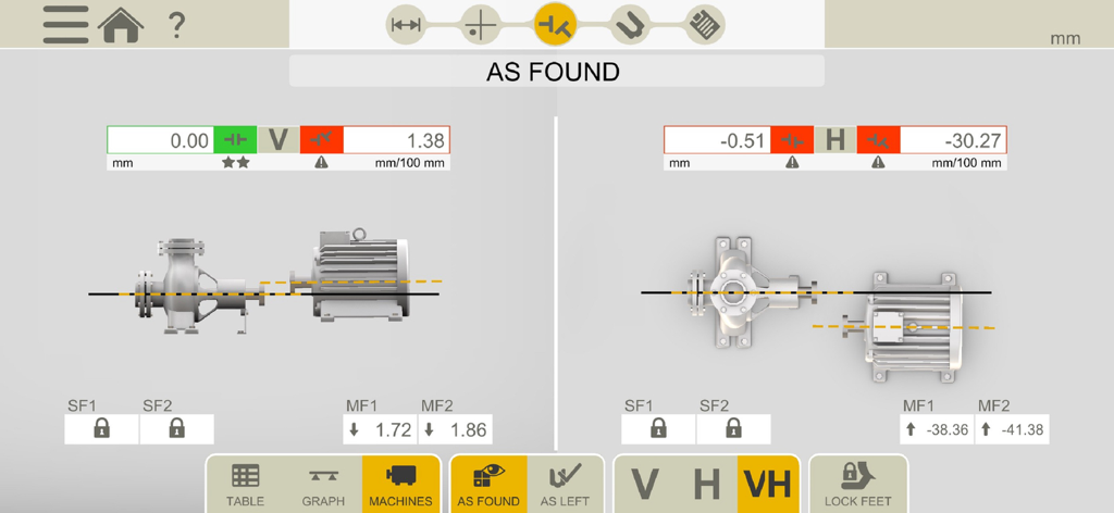 Easy-Laser XT app screen showing initial as-found alignment data for industrial machinery in horizontal and vertical views