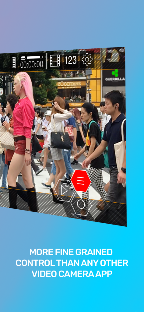 Guerrilla Filmmaker: Camera - Professional video camera interface with manual exposure and focus controls on a street scene