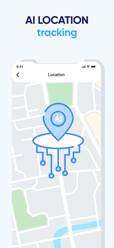 A smartphone screen displaying AI location tracking on a map within the Family Locator app