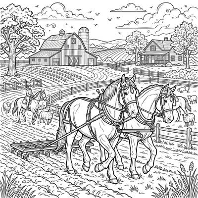Journey to the heart of the countryside with this captivating farm horses coloring page, designed especially for teens. This intricate scene brings the beauty and hard work of farm life to your fingertips.