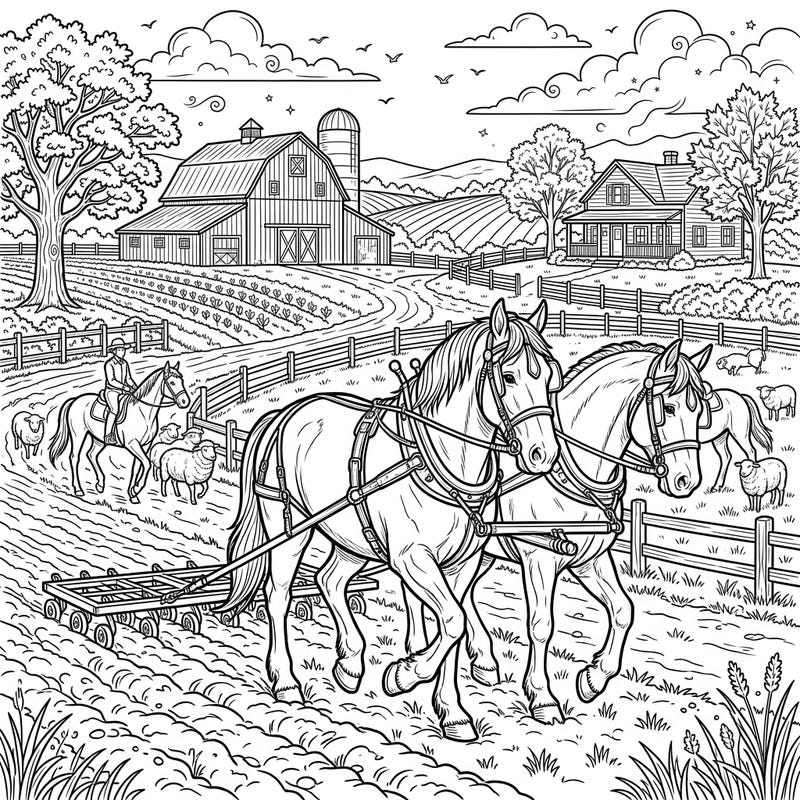 Journey to the heart of the countryside with this captivating farm horses coloring page, designed especially for teens. This intricate scene brings the beauty and hard work of farm life to your fingertips.