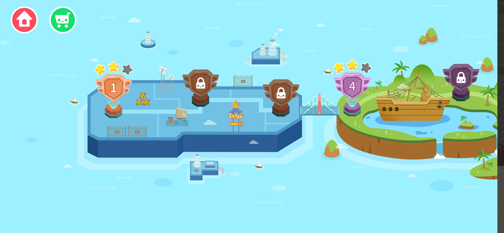 Monster Truck Games for kids - Level selection screen showing a world map with different game environments for kids