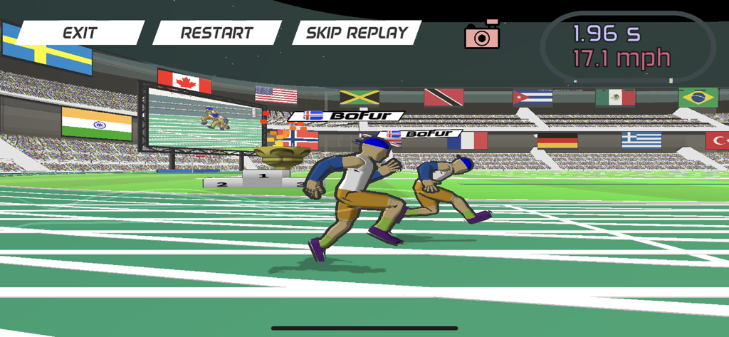 国際スタジアムのトラックでスピードスターズのレースリプレイ中にスプリントする2人のデジタルアスリートの横からの視点