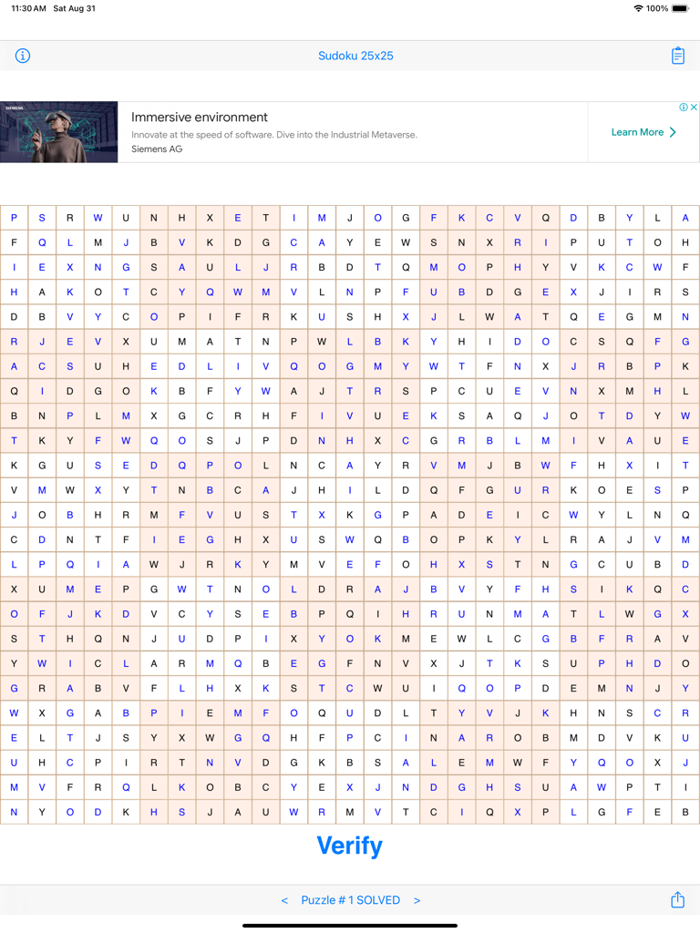 Sudoku 25x25 - iPad 画面上の文字を使用した、完成した 25x25 数独グリッド