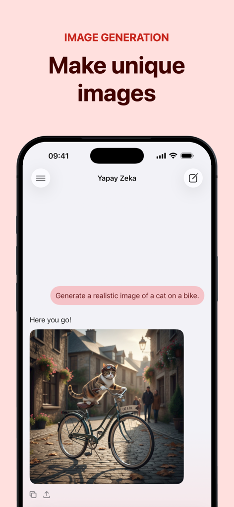 Yapay Zeka app interface showing an AI generated image of a cat on a bike