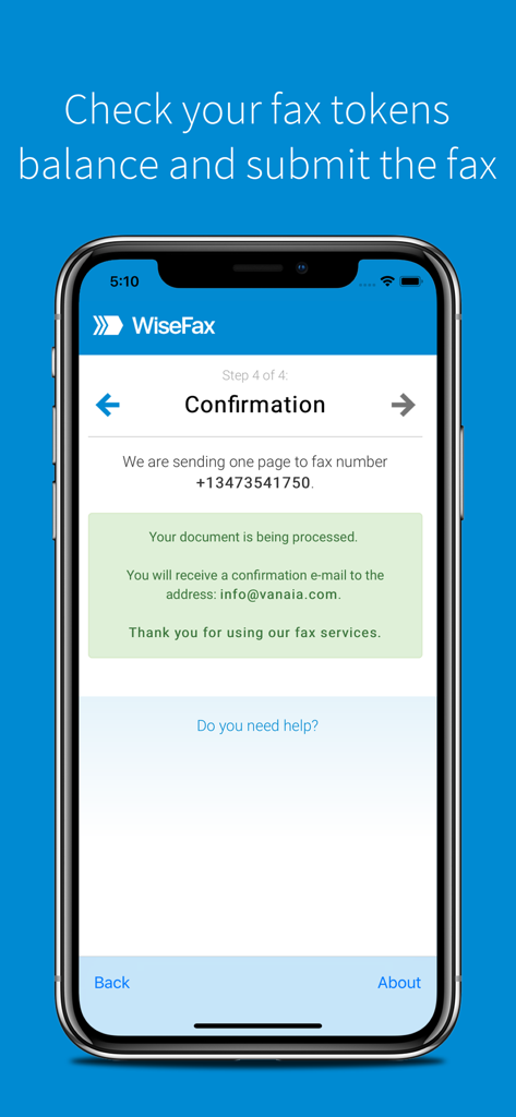 WiseFax app confirmation screen showing a successful fax submission with recipient number and email confirmation details.