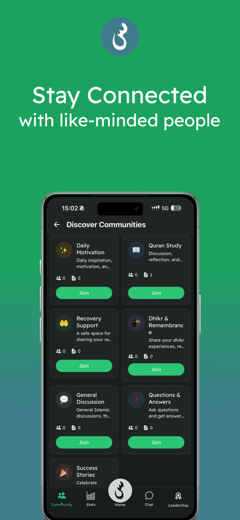 SakinaAI mobile app screen featuring diverse Islamic spiritual support and recovery communities