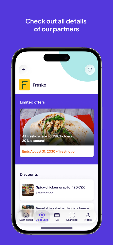 Alive App screen showing student discounts and limited food offers for ISIC card holders