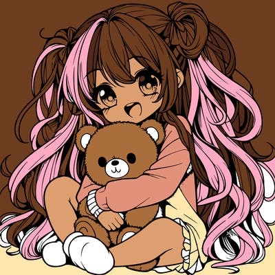 manga girl, long curly hair, happy, cuddling a teddy bear