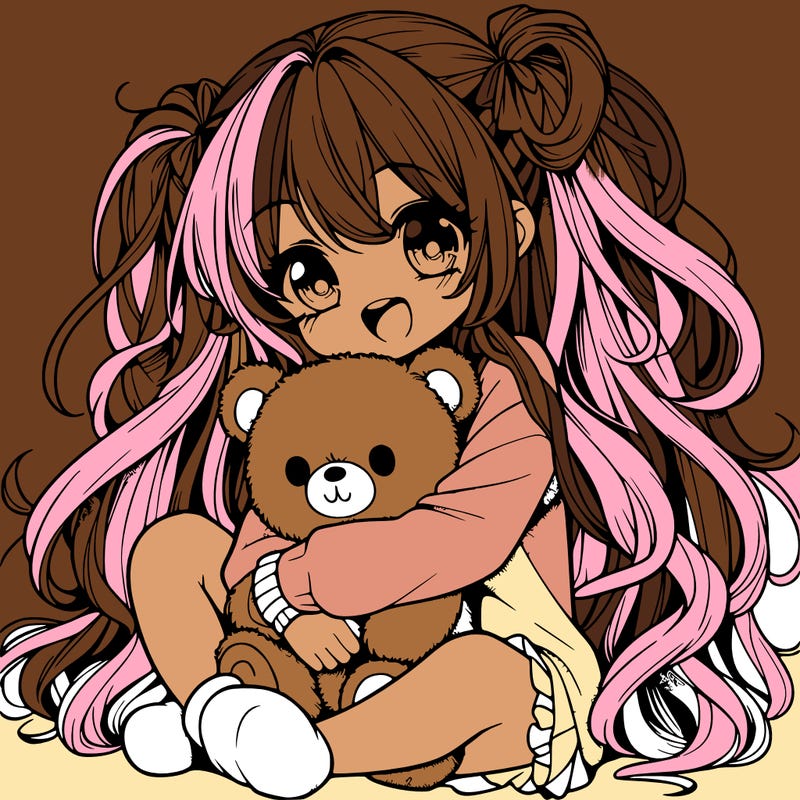 manga girl, long curly hair, happy, cuddling a teddy bear