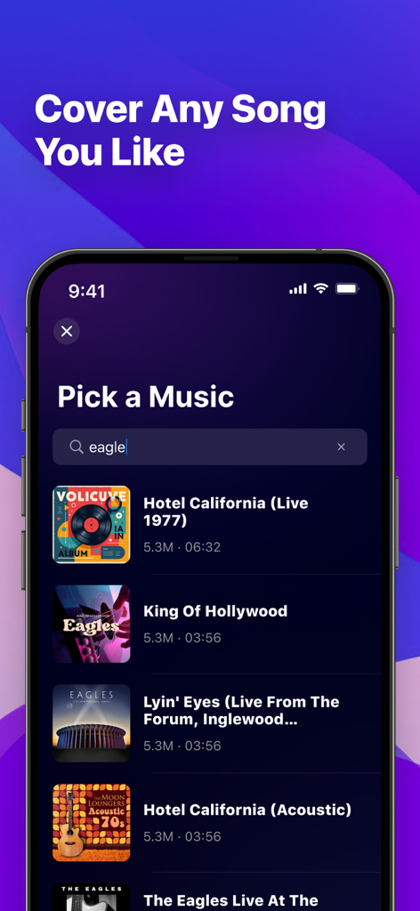 MusiCover-AI Song Cover&Clone - The search interface of the MusiCover app showing a list of songs by the Eagles to select for an AI cover.