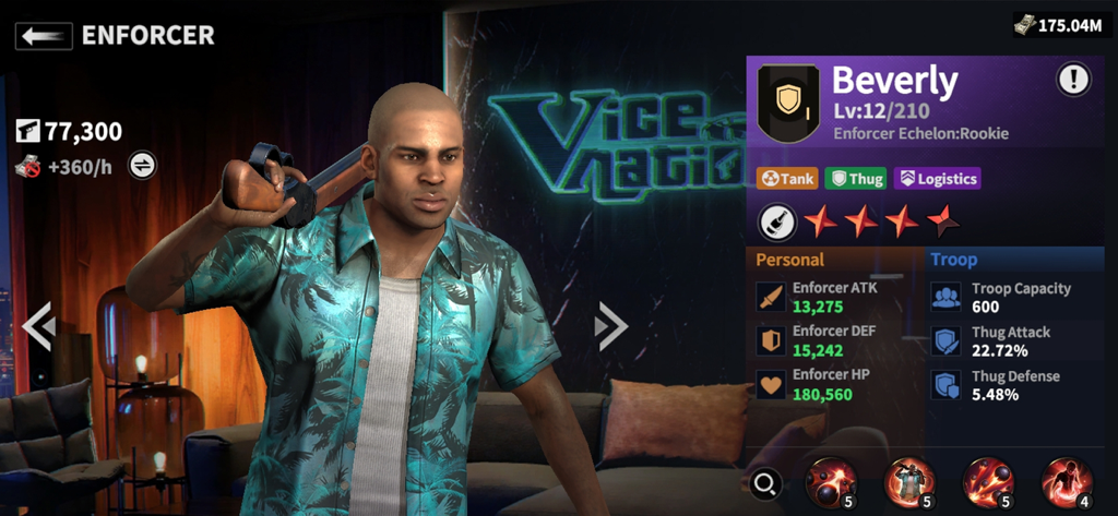 Grand Gangster War - Character profile screen for Enforcer Beverly in Grand Gangster War showing stats and level