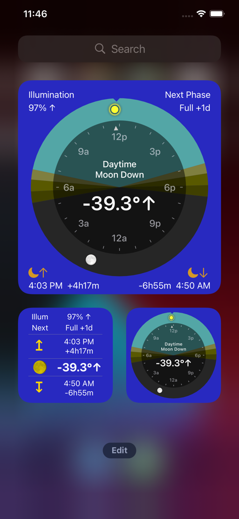 Moon Seeker iOS home screen widgets showing lunar phases and illumination data