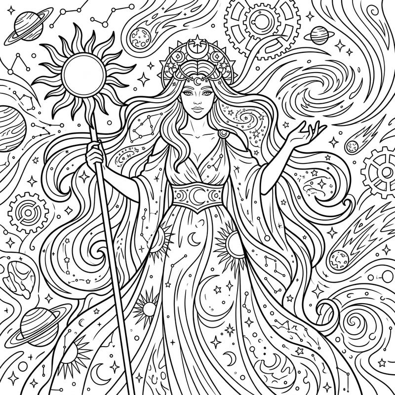 Unleash your creativity with this stunning coloring template featuring a powerful Celestial Goddess from ancient mythology. Immerse yourself in a cosmic journey as you bring this divine being and her stellar surroundings to life.