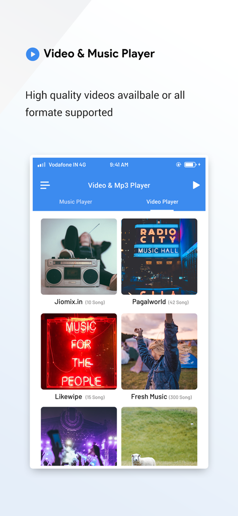 All Media Player : MP3 Player - Music player interface within the All Media Player app showing organized song albums and folders.