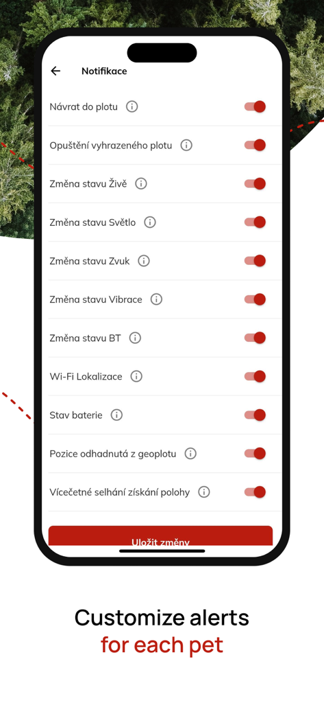 Pet_tracker - Un smartphone que muestra la pantalla de configuración de notificaciones de la aplicación Pet_tracker con varios interruptores para alertas de mascotas.