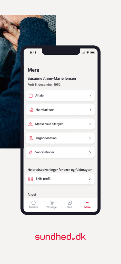 MinSundhed mobile app menu screen showing health management options including appointments and vaccinations