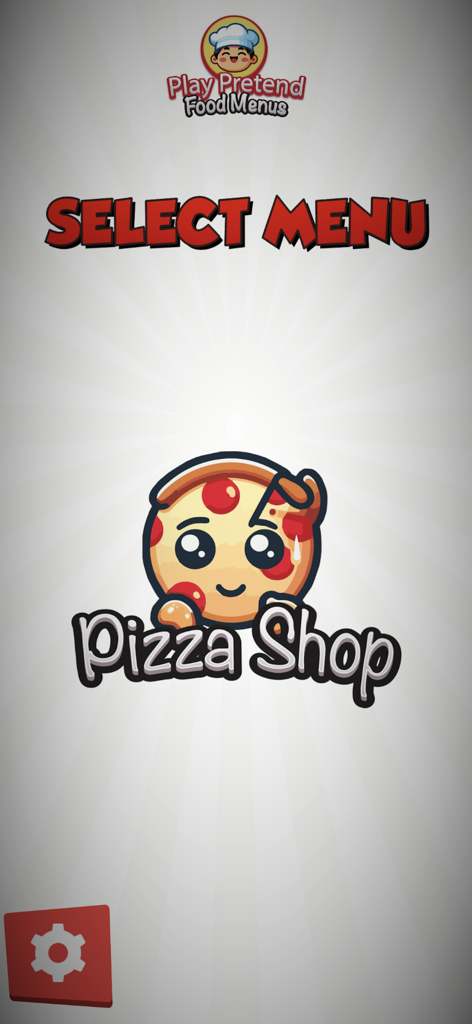 Play Pretend Food Menus - The pizza shop menu selection screen in the Play Pretend Food Menus app.