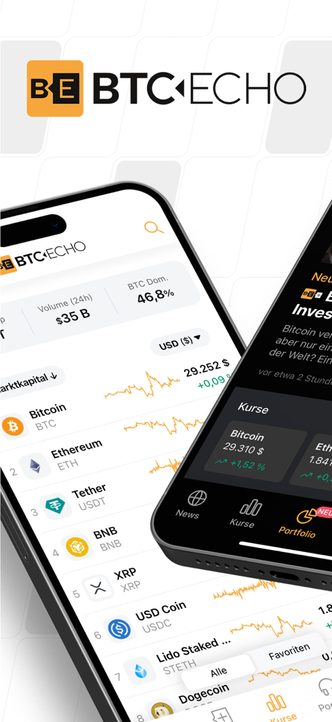 BTC-ECHO Bitcoin & Krypto News - BTC-ECHO mobile app interface showing cryptocurrency prices and market data.