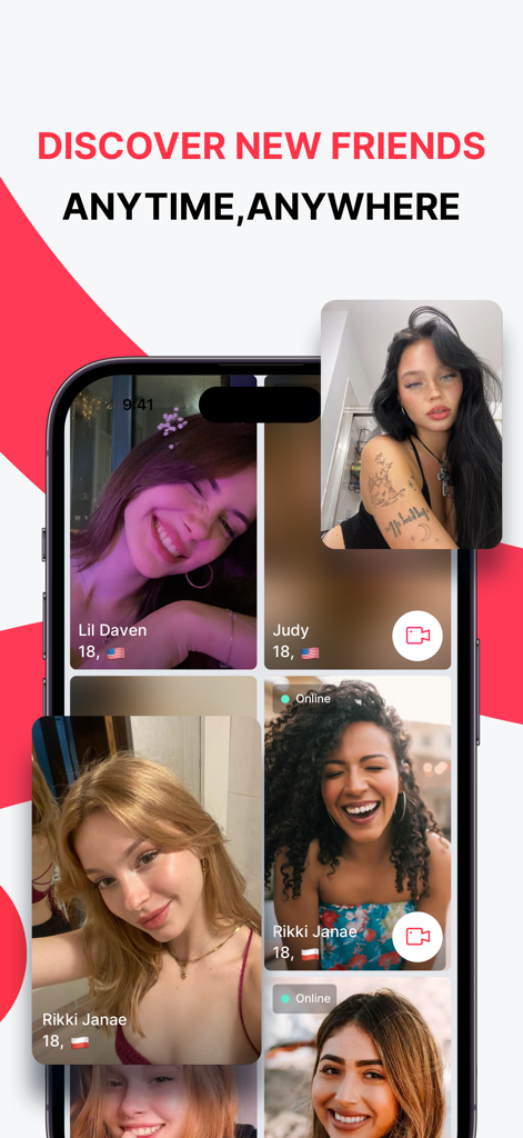 Palpi-Live video chat &meet - Interface of the Palpi app showing profile cards of young women with options to start a video chat
