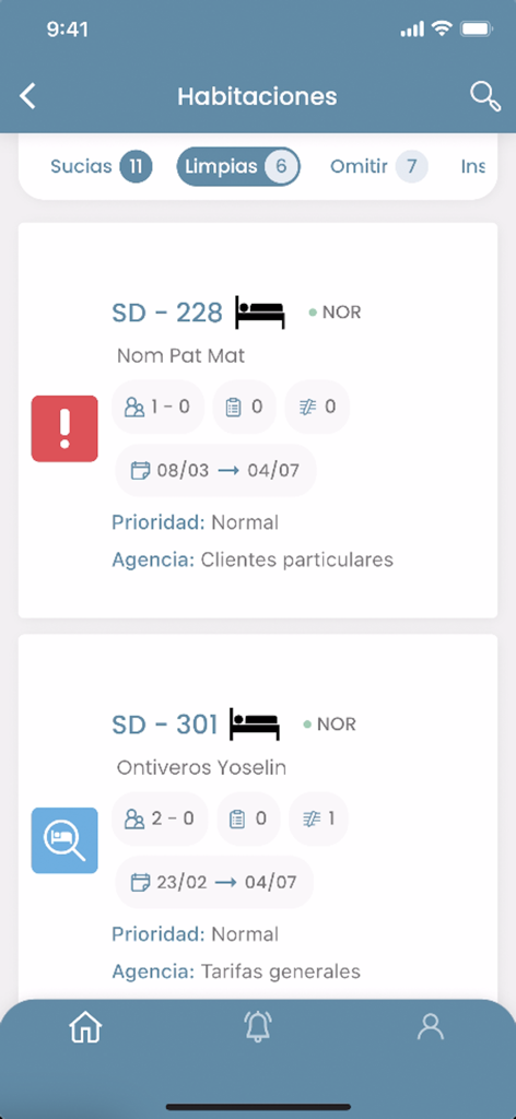Innsist HoS - Mobile dashboard of Innsist HoS showing hotel room statuses guest details and cleaning progress