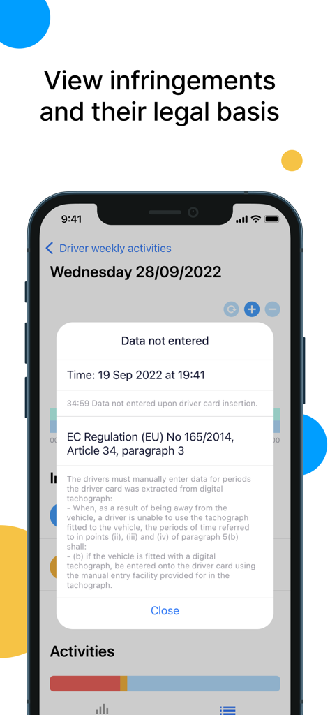 Tachogram - Pantalla de la aplicación Tachogram mostrando detalles de infracciones del conductor y la base legal de la regulación específica de la UE.