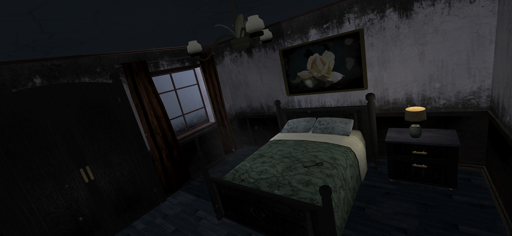 A dark and eerie bedroom in a haunted house with a key on the bed