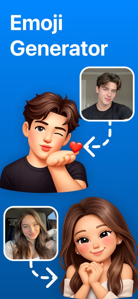 Mojify: AI Emoji Maker - AI emoji generator app showing personalized cartoon avatars created from photos of a man and a woman