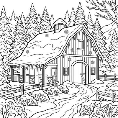 Step into a charming winter scene with this delightful horse barn coloring page. Adorned with fresh snow and sparkling icicles, it promises a peaceful and engaging coloring experience for all.