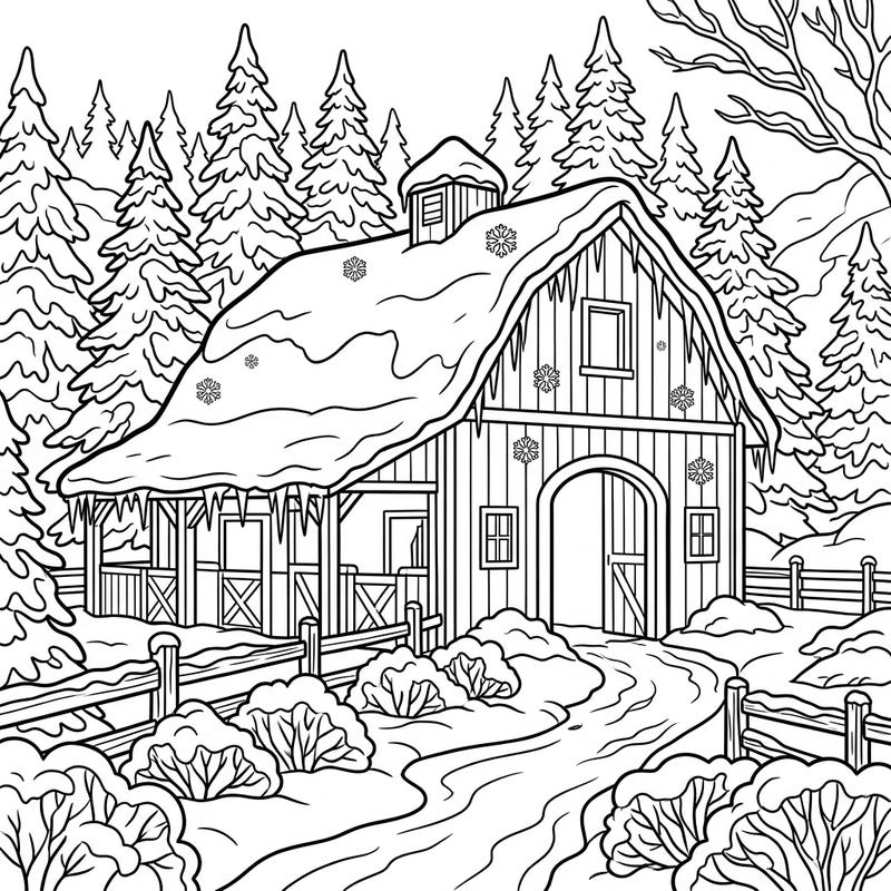 Step into a charming winter scene with this delightful horse barn coloring page. Adorned with fresh snow and sparkling icicles, it promises a peaceful and engaging coloring experience for all.