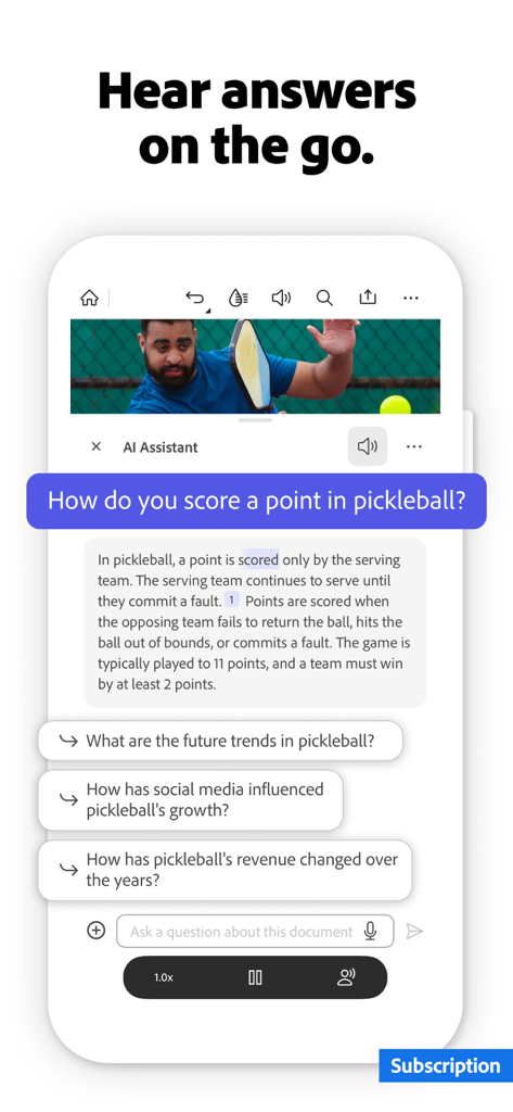 Adobe Acrobat AI 도우미가 모바일 장치의 문서에 대한 질문에 음성으로 답변함