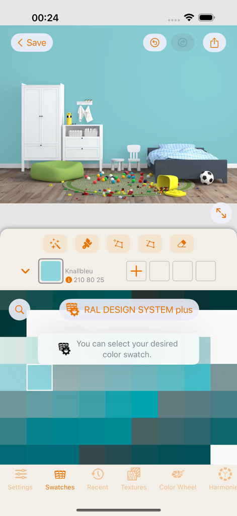 RAL iColours - RAL iColours app interface showing a child's bedroom wall recolored with a blue shade from the RAL DESIGN SYSTEM plus palette.