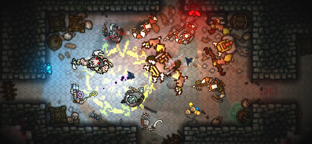 Combate de acción de pixel art visto desde arriba en una mazmorra con héroes luchando contra monstruos y efectos mágicos.