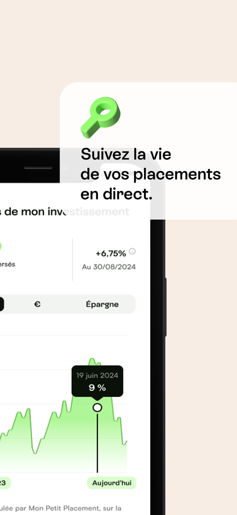 Interface de l'application mobile montrant le suivi de la performance des investissements en direct avec un graphique de croissance en pourcentage