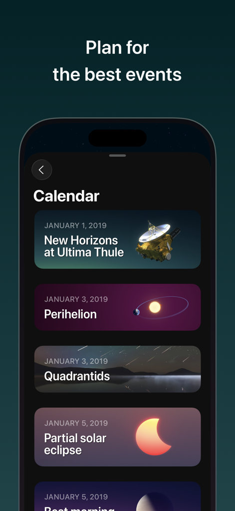 Sky Guide app showing a calendar of upcoming celestial events like meteor showers and solar eclipses