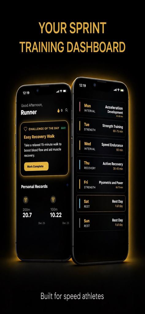 3AK - 3AK mobile app interface showing a high performance sprint training dashboard with a weekly workout schedule and personal running records