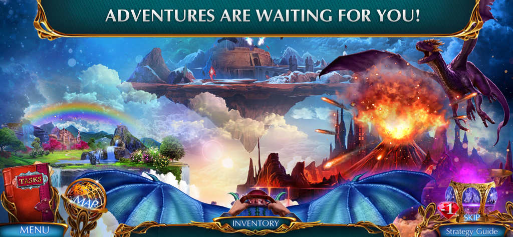 Labyrinths 8 - F2P - A vibrant fantasy world featuring a dragon flying over a volcano and floating islands