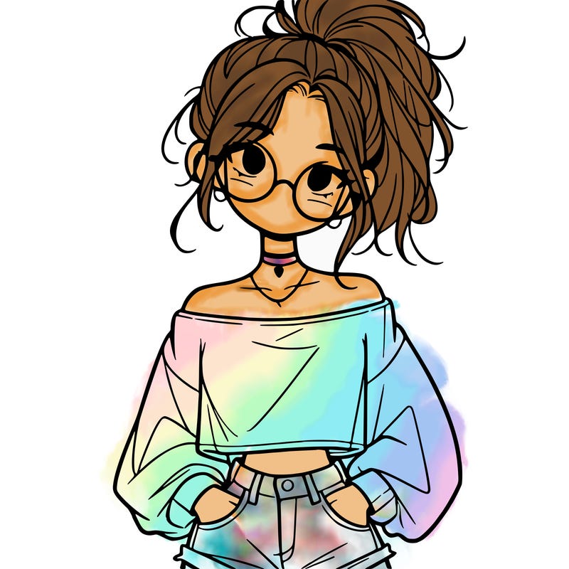girl with a messy ponytail glasses a baggy crop top and jean shorts