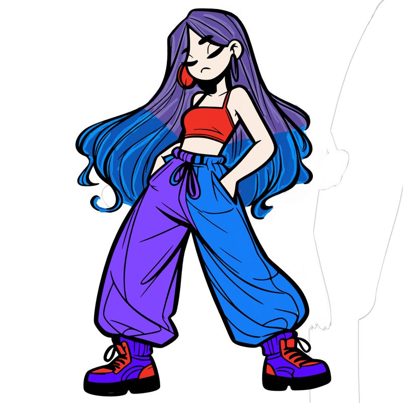 girl in baggy pants crop top and long hair