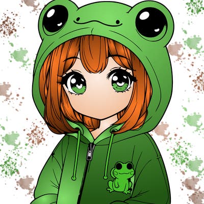 cute realistic girl in a froggy hoodie