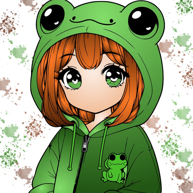 cute realistic girl in a froggy hoodie