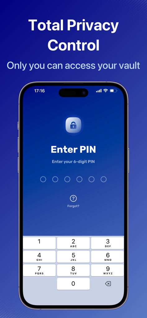 Smartphone screen showing the 6-digit PIN entry interface of the Locxafe photo vault app for total privacy control