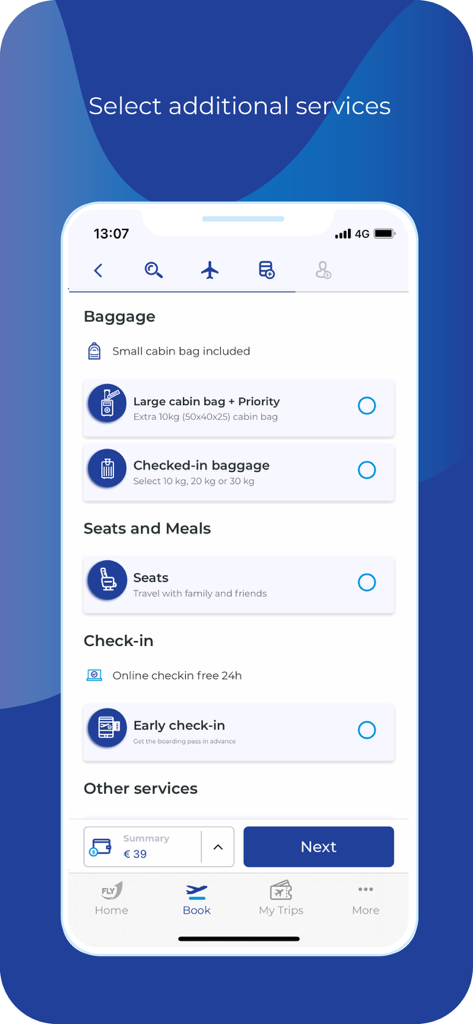 FLYONE - FLYONE mobile app screen showing options for selecting extra services like baggage and seats during flight booking