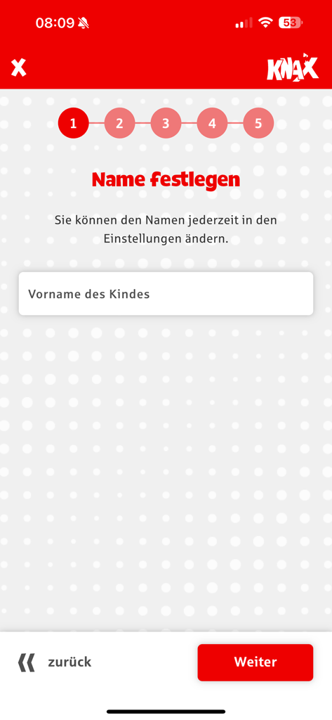 The first step of the KNAX allowance app onboarding process for entering a childs name.