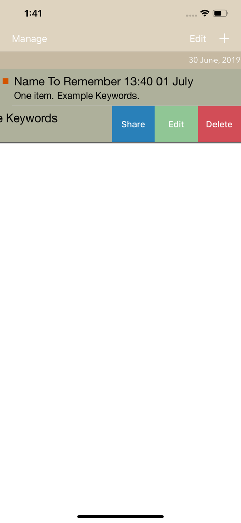 Timestamped Field Notes app interface showing note entry actions for sharing editing and deleting
