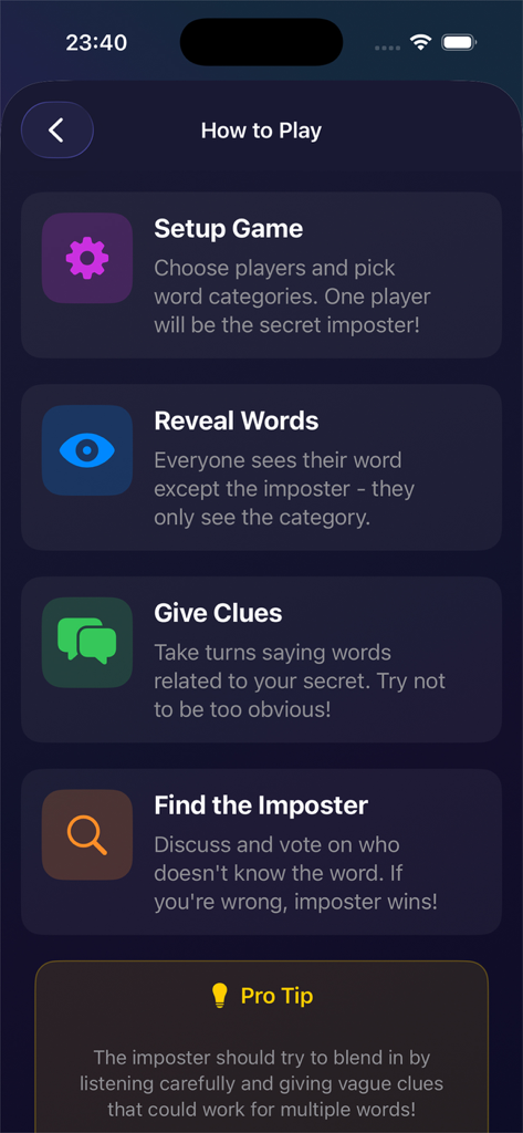 Instrucciones paso a paso para jugar al juego de deducción social Imposter Party, incluyendo configuración, revelación de palabras, dar pistas y votar.